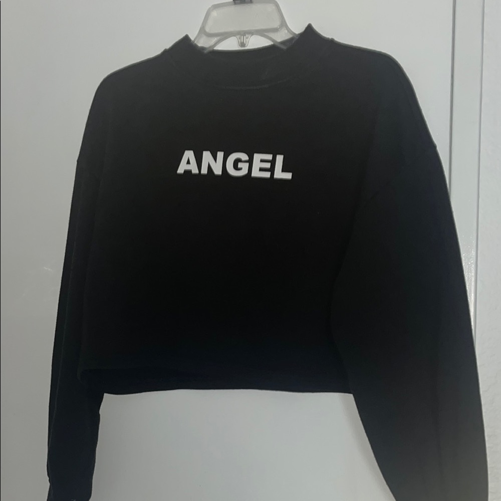 Forever 21 Black Crop Sweatshirt with 'Angel' Print